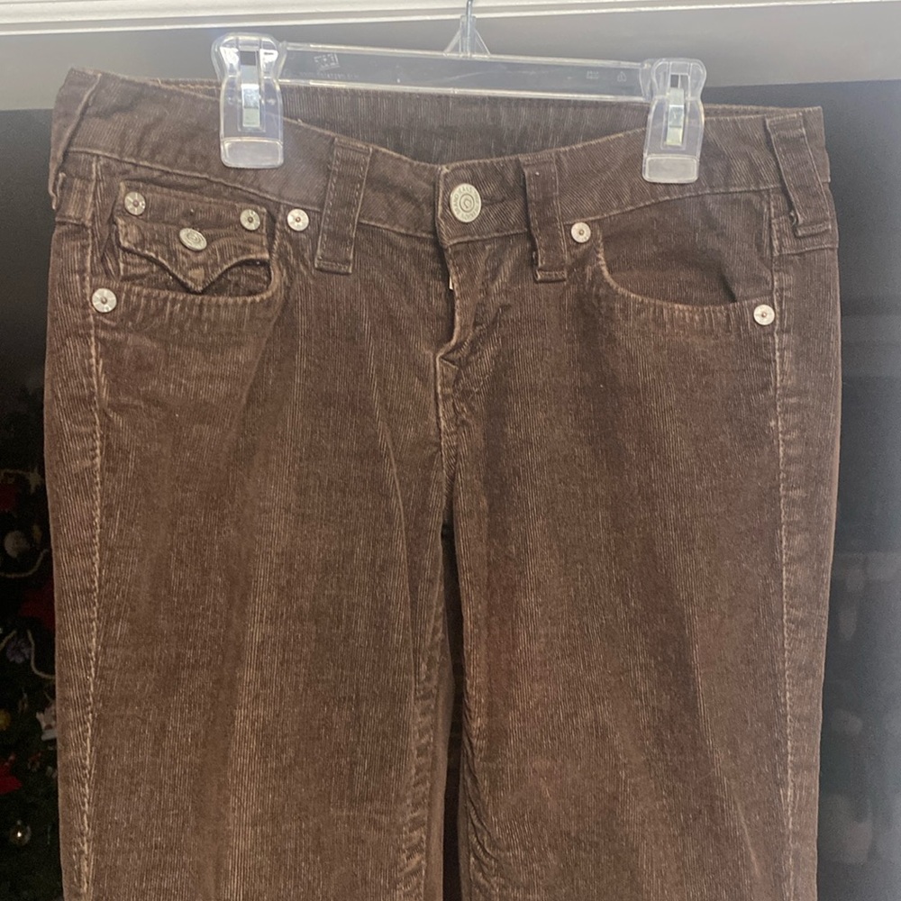 Brown corduroys. True Religion. Flared bootcut bottom.